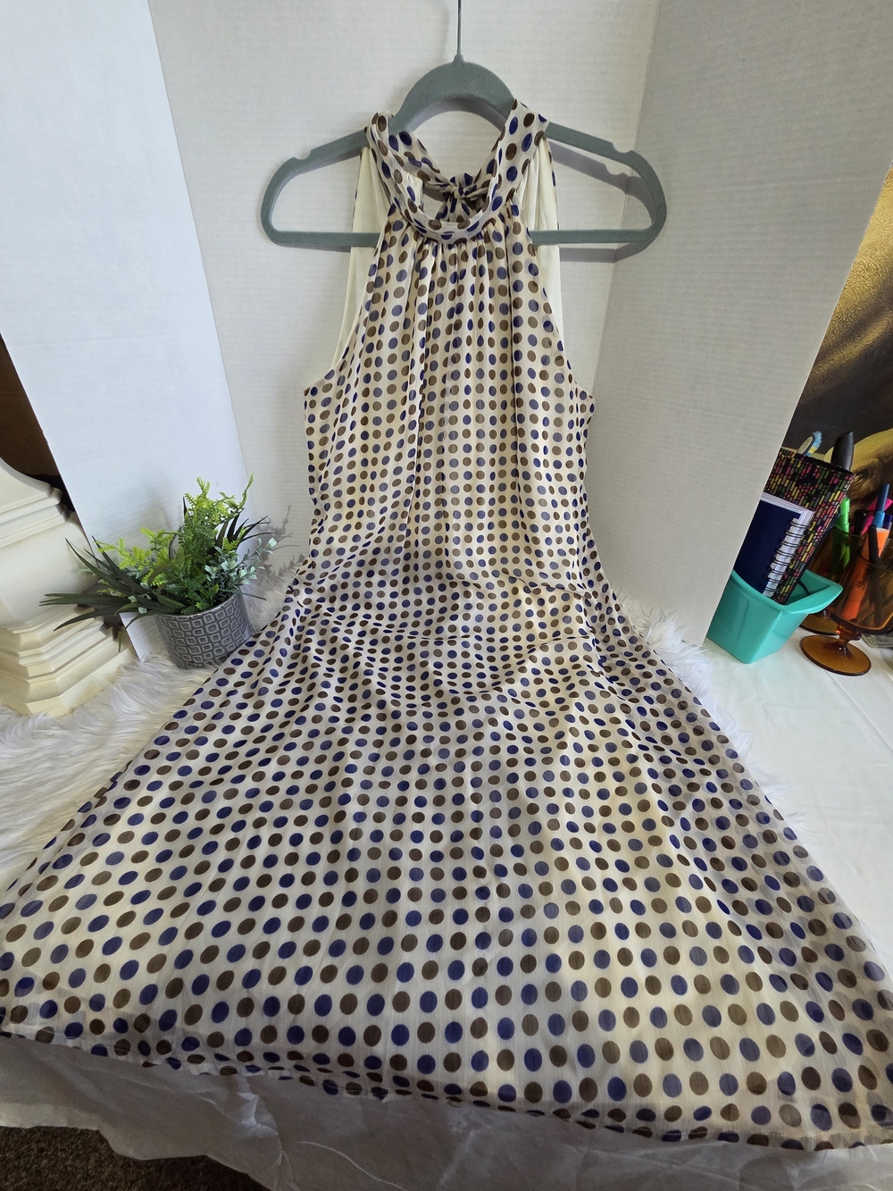 Jonathan Martin Cream Halter Neck Midi Dress with Navy Polka Dots. Size 14